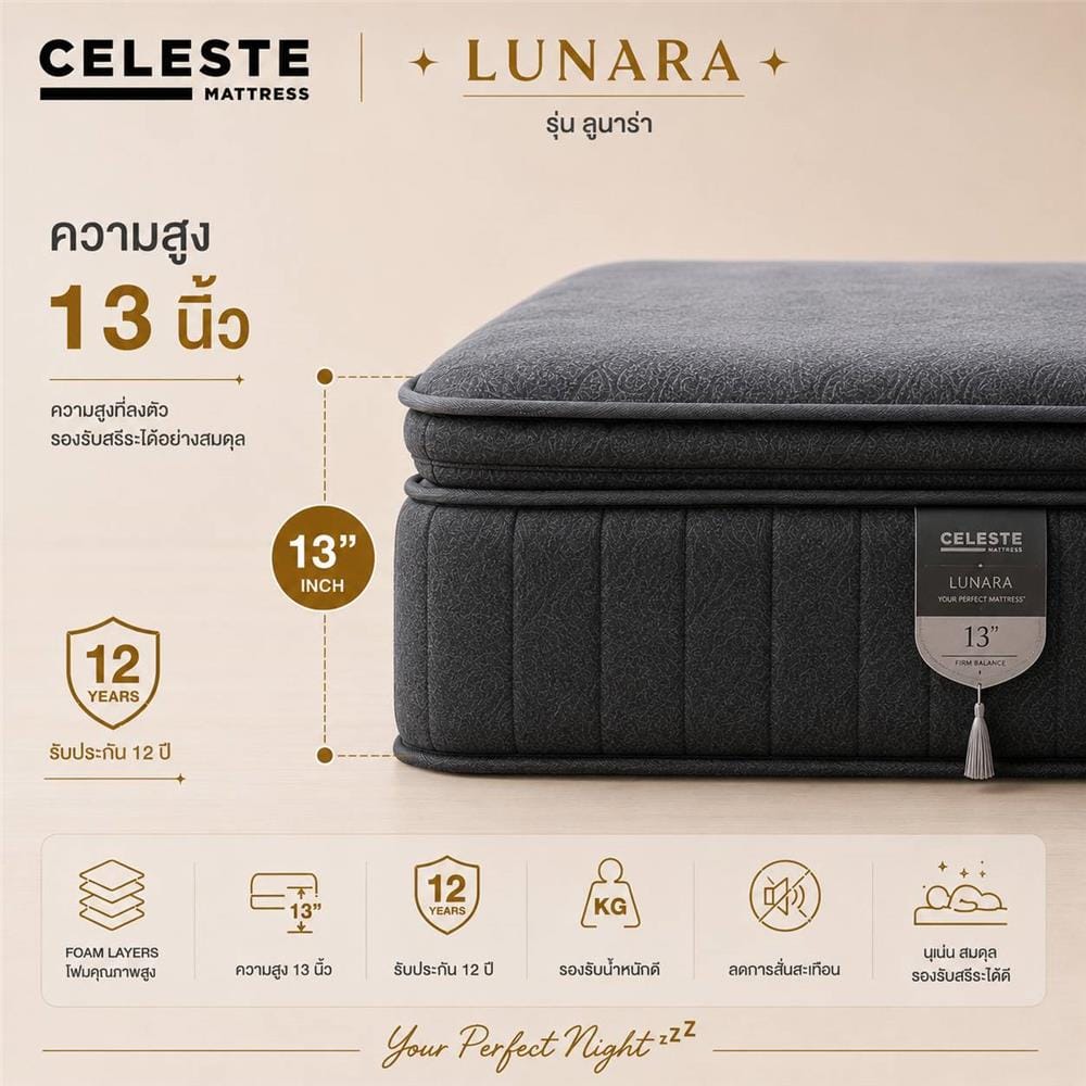 ที่นอนพ็อกเก็ตสปริง 3.5 ฟุต CELESTE MATTRESS LUNARA (พร้อมชุดเครื่องนอน 7 ชิ้น)