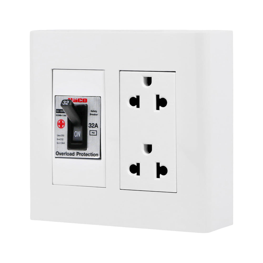 ชุดเต้ารับคู่ 3 ขา พร้อมเซฟตี้เบรคเกอร์ HACO DECO 32 แอมป์ สีขาว