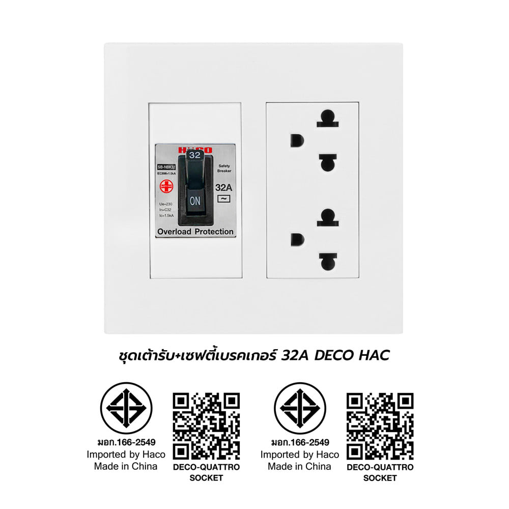 ชุดเต้ารับคู่ 3 ขา พร้อมเซฟตี้เบรคเกอร์ HACO DECO 32 แอมป์ สีขาว