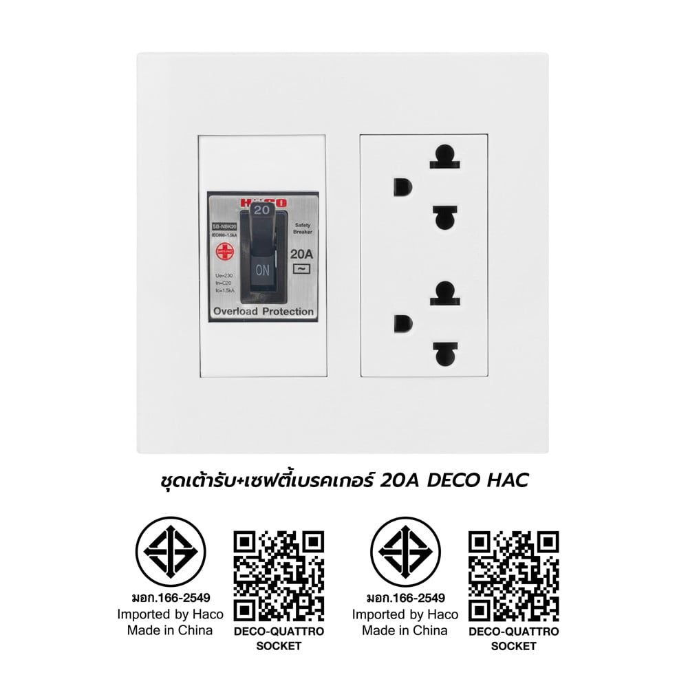 ชุดเต้ารับคู่ 3 ขา พร้อมเซฟตี้เบรคเกอร์ HACO DECO 20 แอมป์ สีขาว