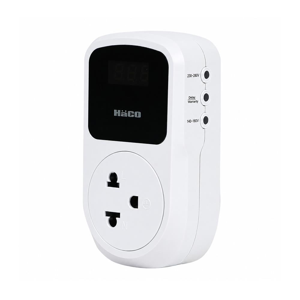 อุปกรณ์ป้องกันแรงดันไฟเกิน/ไฟตก พร้อมเต้ารับสามขา HACO 16 แอมป์ 140-280 โวลต์ สีขาว