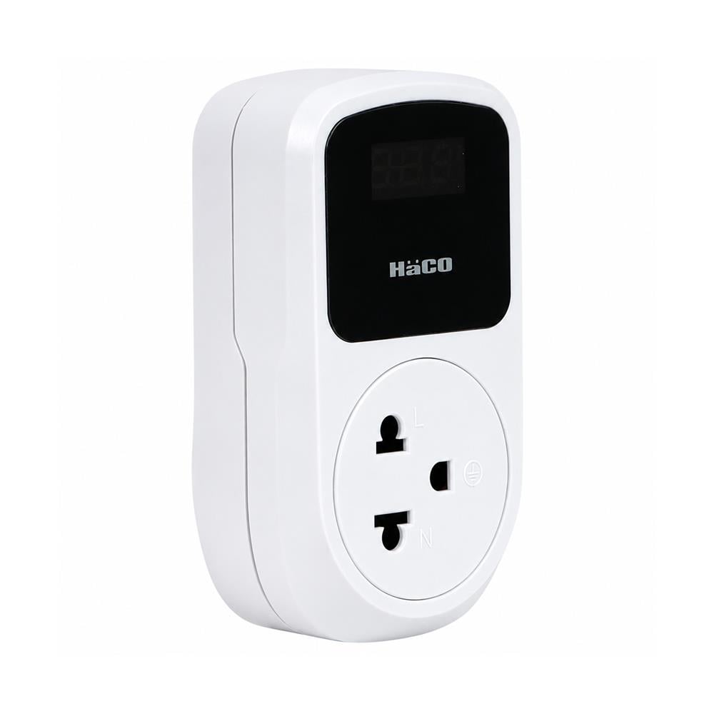 อุปกรณ์ป้องกันแรงดันไฟเกิน/ไฟตก พร้อมเต้ารับสามขา HACO 16 แอมป์ 140-280 โวลต์ สีขาว
