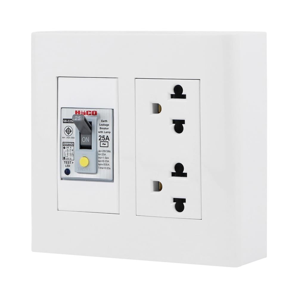 ชุดเต้ารับคู่ 3 ขา พร้อมเบรคเกอร์กันดูด HACO DECO 25 แอมป์ สีขาว
