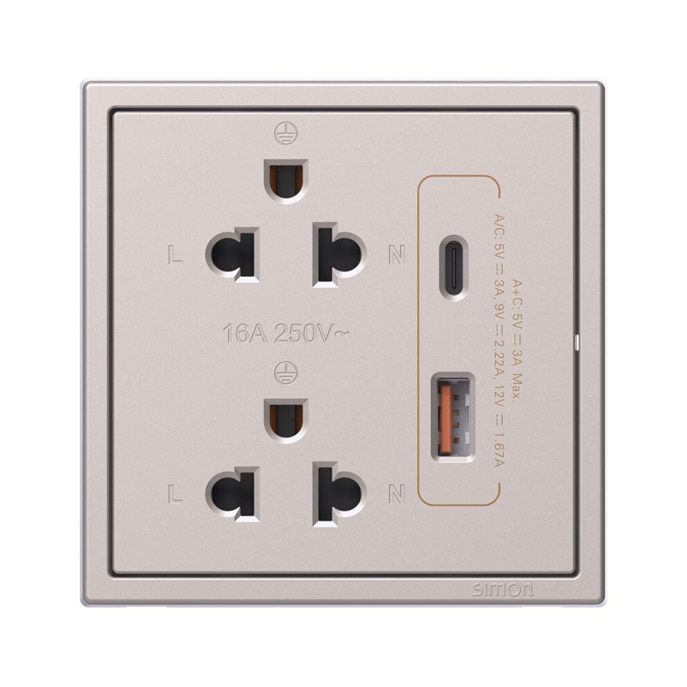 ชุดเต้ารับคู่ 3 ขา พร้อม USB-A และ TYPE-C SIMON SIMi7-102LUSBC-G สีแชมเปญ