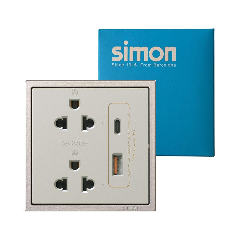 ชุดเต้ารับคู่ 3 ขา พร้อม USB-A และ TYPE-C SIMON SIMi7-102LUSBC-G สีแชมเปญ