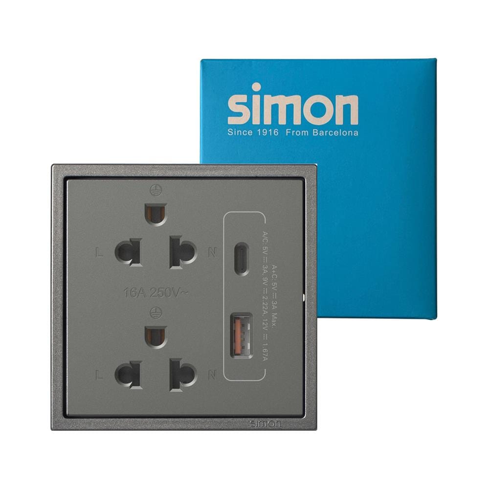 ชุดเต้ารับคู่ 3 ขา พร้อม USB-A และ TYPE-C SIMON SIMi7-102LUSBC-GR สีเทาหม่น