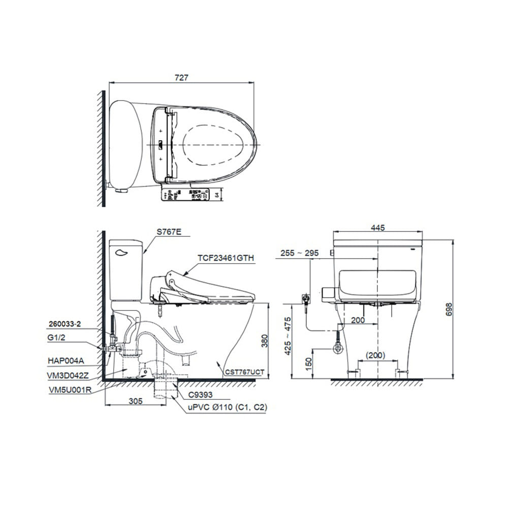 สุขภัณฑ์ 2 ชิ้น พร้อมฝารองนั่งอัตโนมัติ TOTO CST767SW1 4.8 ลิตร สีขาว
