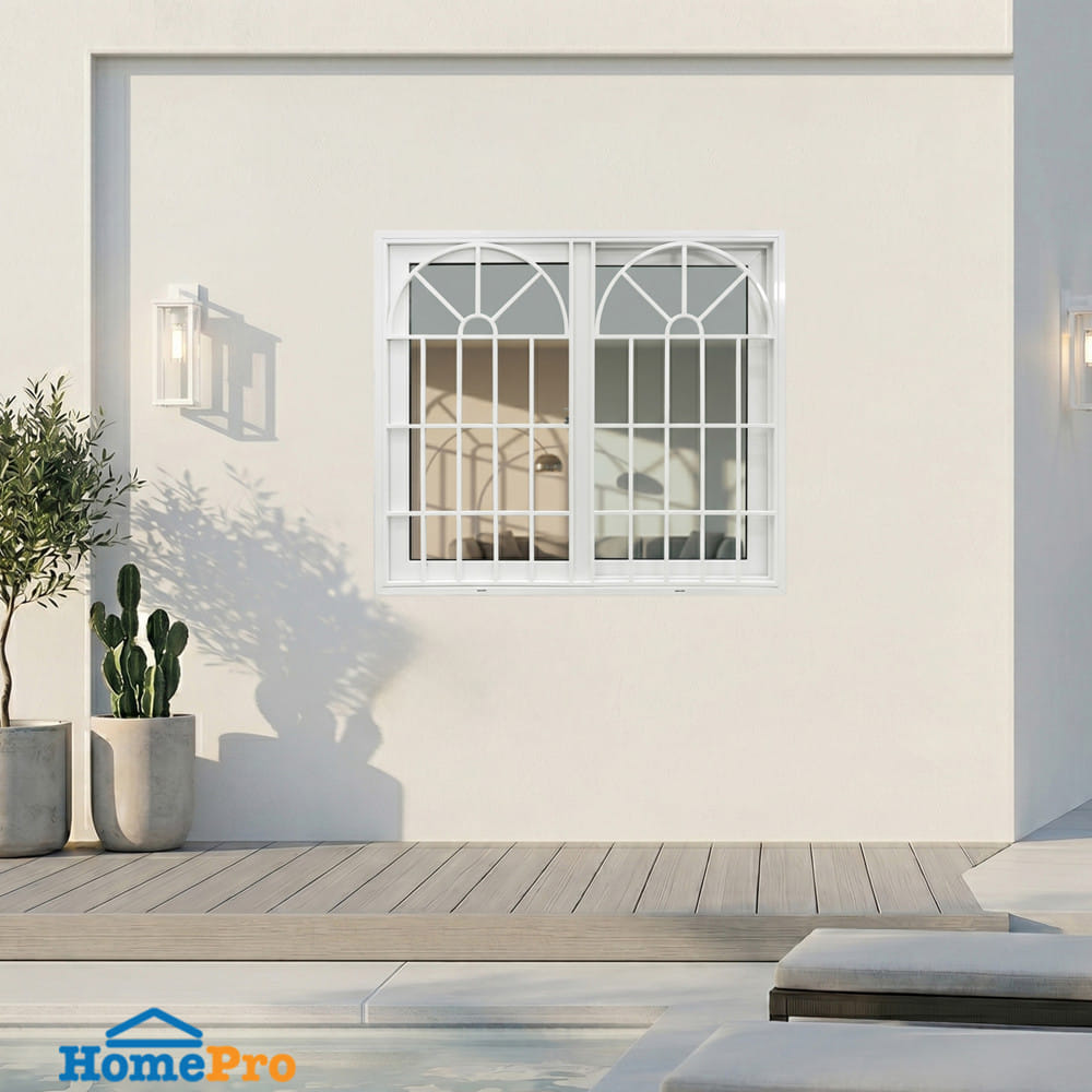 หน้าต่างบานเลื่อน UPVC S-S มุ้ง เหล็กดัด WINDOW ASIA ลายวินเทจ 120x110 ซม. สีขาว