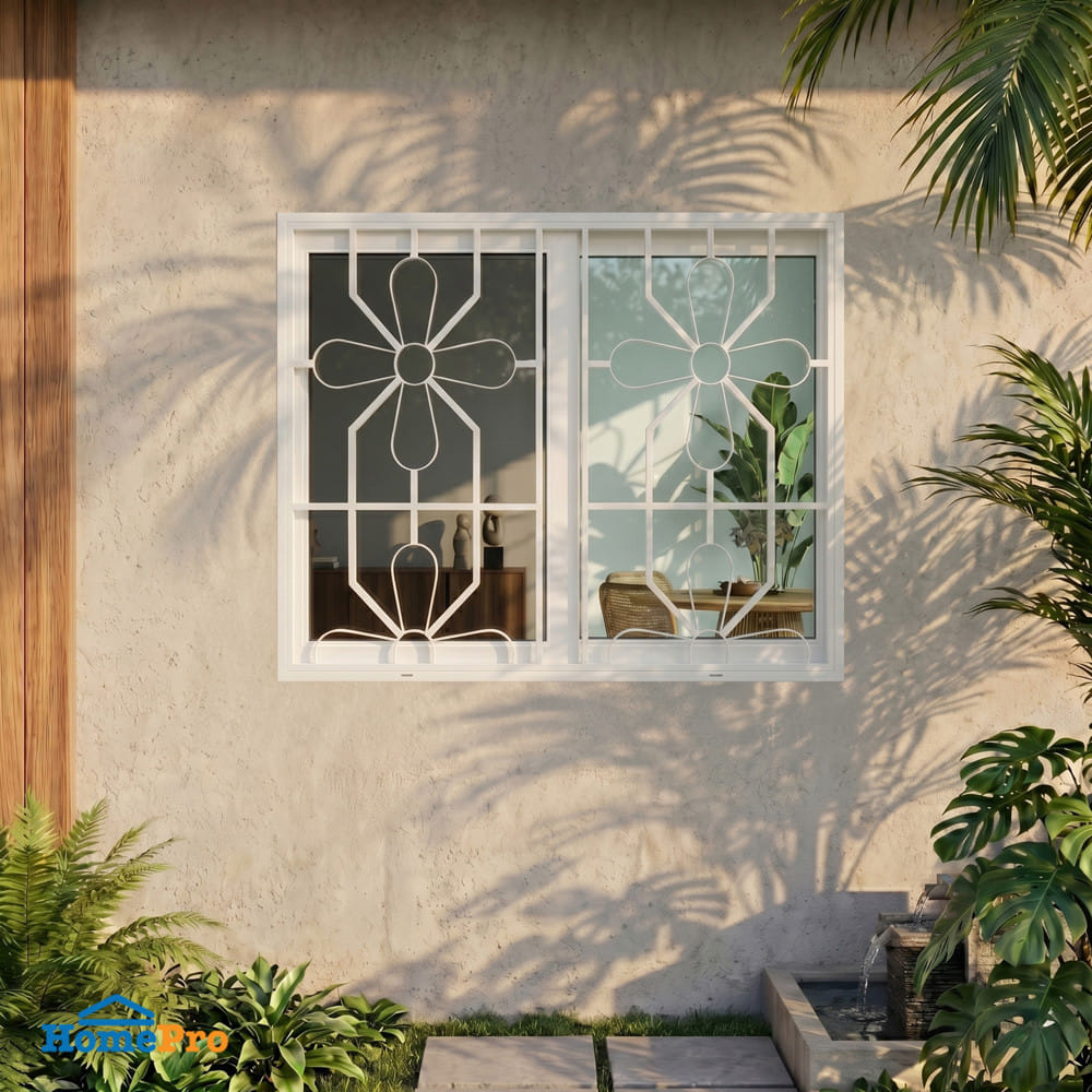 หน้าต่างบานเลื่อน UPVC S-S เหล็กดัด มุ้ง WINDOW ASIA ลายบัวตอง 120x110 ซม. สีขาว