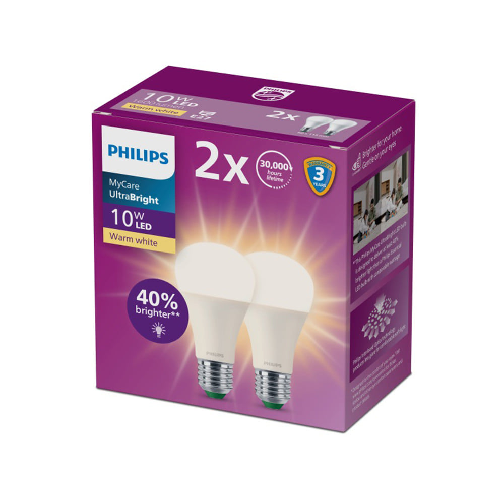 หลอด LED PHILIPS A60 ULTRA 10 วัตต์ WARMWHITE E27 (แพ็ก 2 ชิ้น)