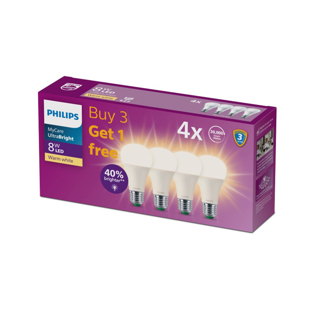 หลอด LED PHILIPS A60 ULTRA 8 วัตต์ WARMWHITE E27 (แพ็ก 4 ชิ้น)