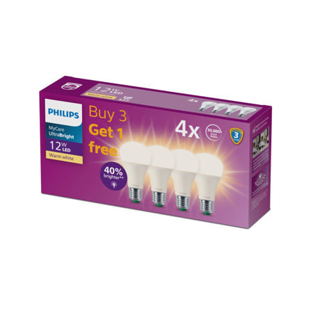 หลอด LED PHILIPS A60 ULTRA 12 วัตต์ WARM WHITE E27 (แพ็ก 4 ชิ้น)_1