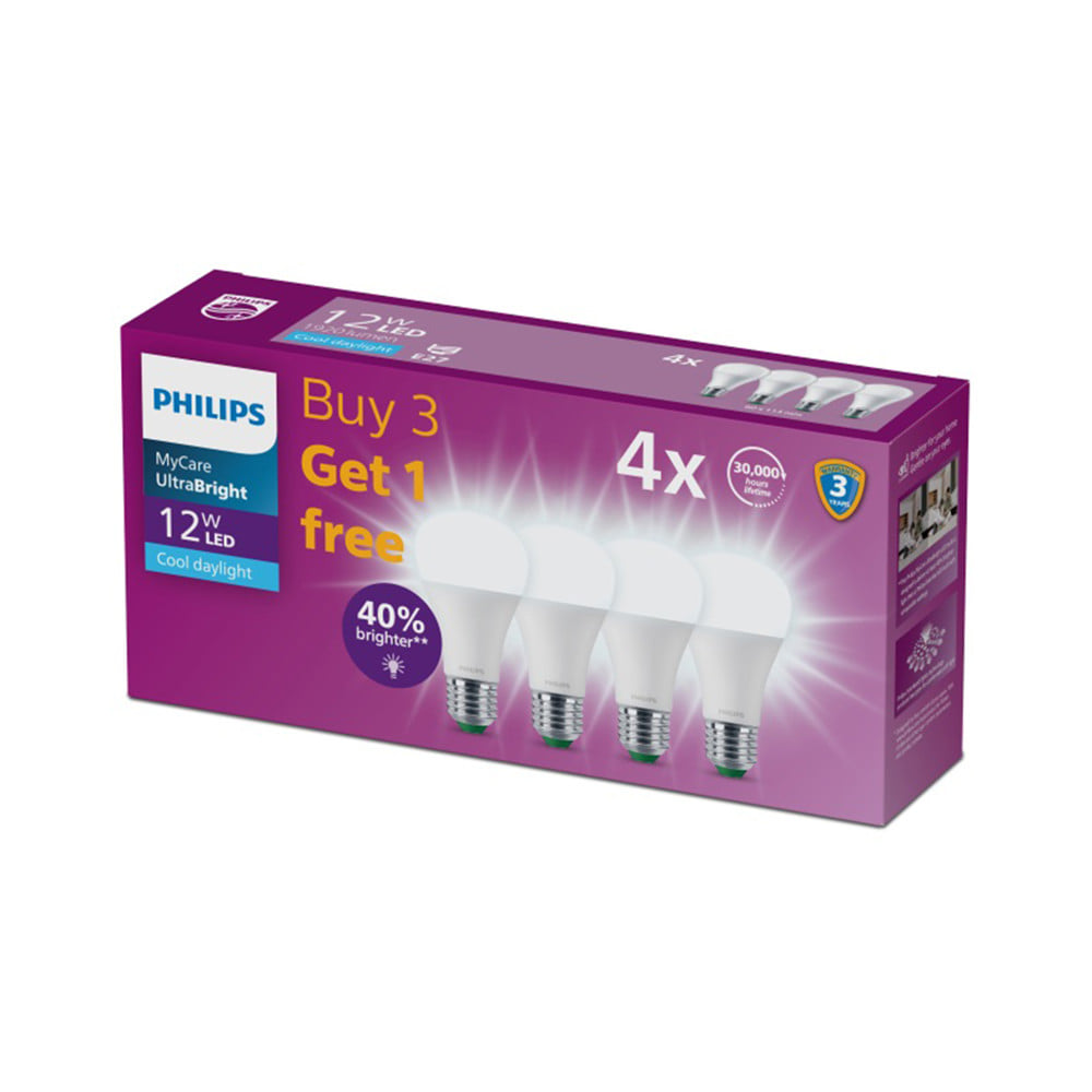หลอด LED PHILIPS A60 ULTRA 12 วัตต์ DAYLIGHT E27 (แพ็ก 4 ชิ้น)