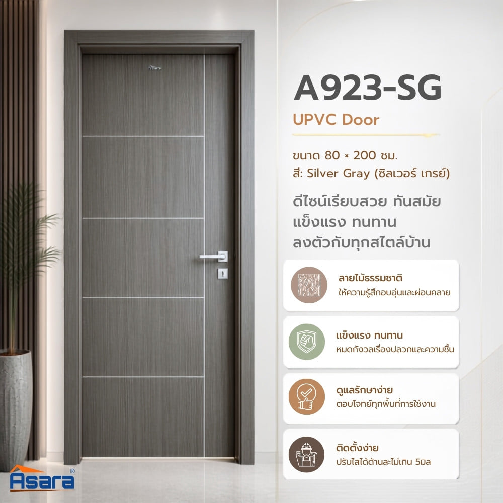 ประตูภายใน UPVC เจาะลูกบิด ASARA A923 80x200 ซม. สี SILVER GREY
