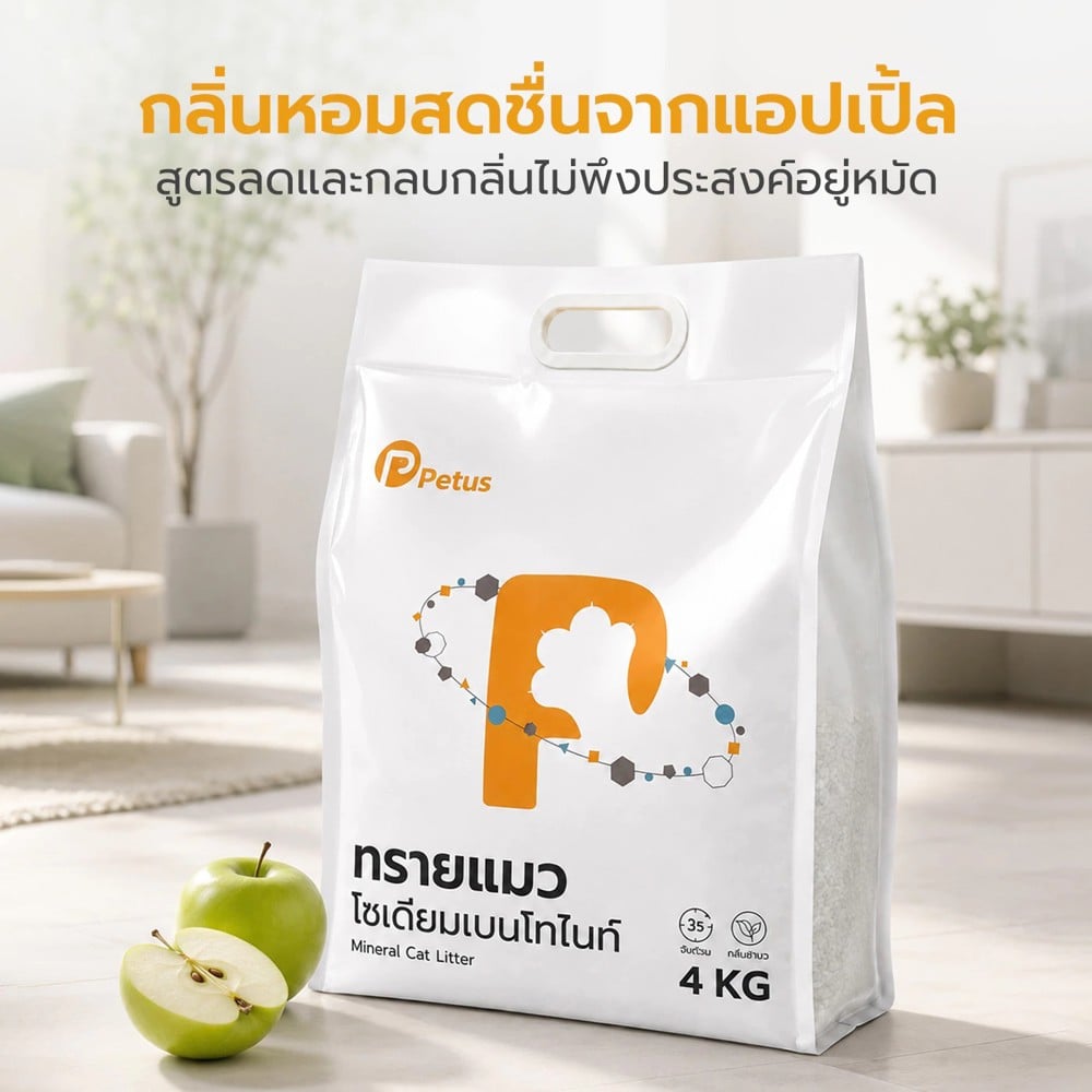 ทรายแมวเบนโทไนท์ผสมแร่ภูเขาไฟ PETUS กลิ่นแอปเปิ้ล 4 กก.