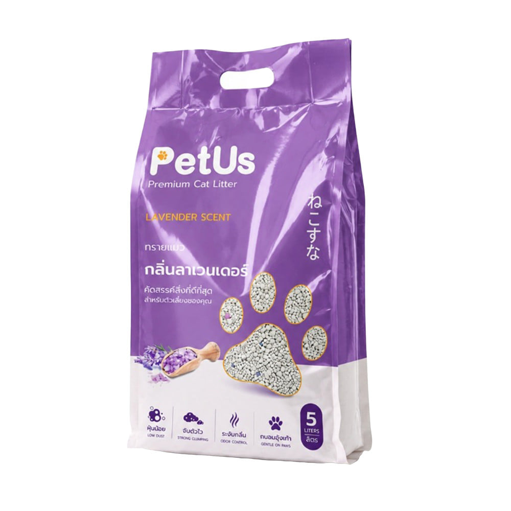 ทรายแมวเบนโทไนท์ PETUS สูตรถนอมอุ้งเท้าแมว กลิ่นลาเวนเดอร์ 5 ลิตร