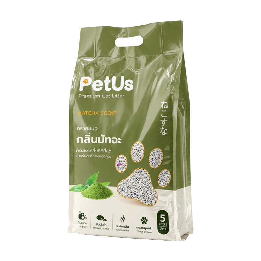 ทรายแมวเบนโทไนท์ PETUS สูตรถนอมอุ้งเท้าแมว กลิ่นมัทฉะ 5 ลิตร