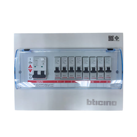 ชุดตู้คอนซูมเมอร์ยูนิต 8 ช่อง 50 แอมป์ พร้อมกันไฟรั่ว/ไฟดูด BTICINO SBTCN8R50M_0