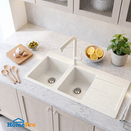 ซิงค์ฝัง 2 หลุม 1 ที่พัก+ก๊อกซิงค์ HAFELE STONEQ 495.07.914 สีขาว_4