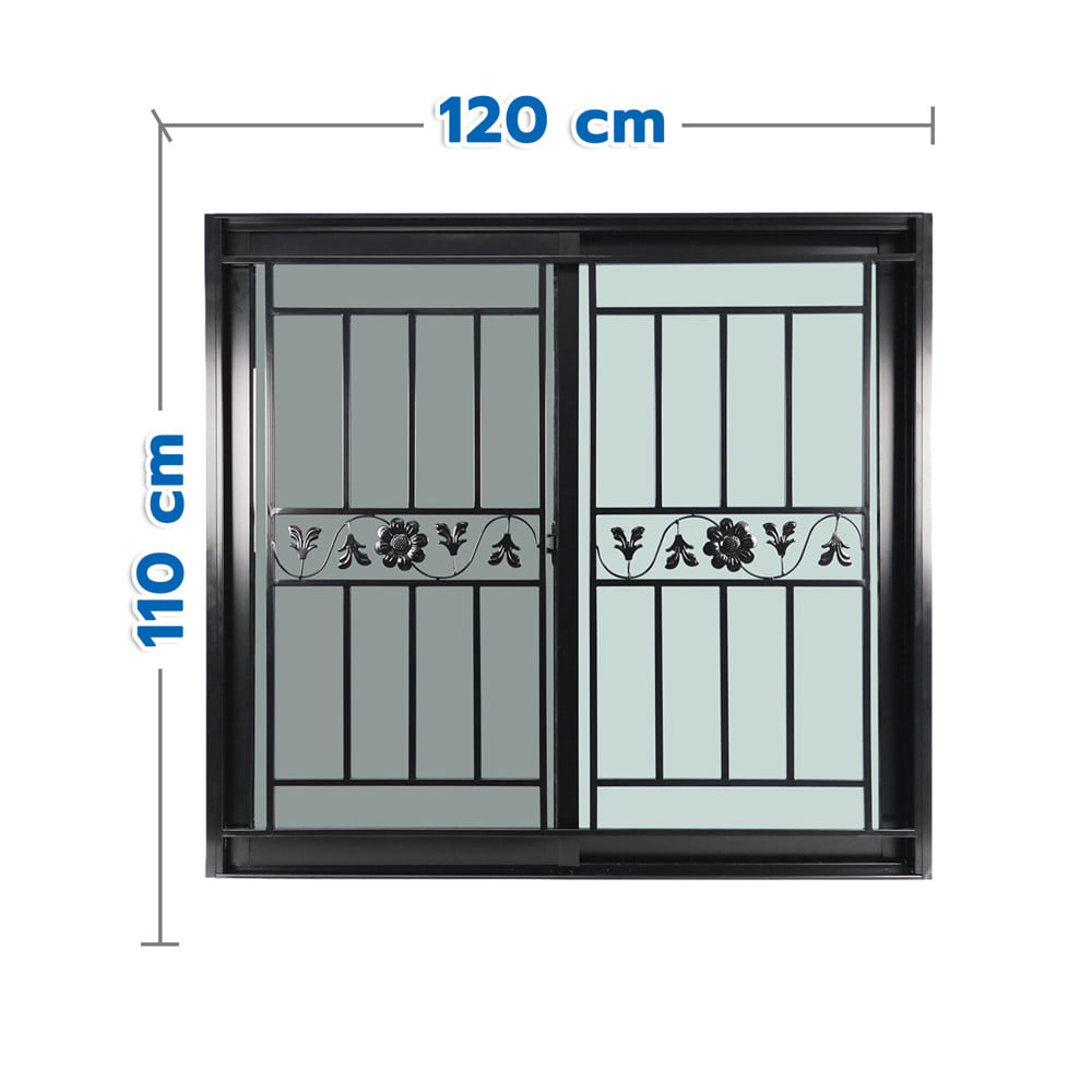 หน้าต่างบานเลื่อน อะลูมิเนียม S-S มุ้ง เหล็กดัด WINDOW ASIA ลายทานตะวัน 120x110 ซม. สีดำ