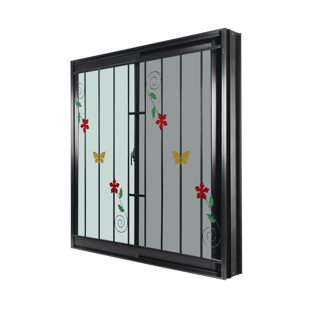 หน้าต่างบานเลื่อน อะลูมิเนียม S-S มุ้ง เหล็กดัด ลายผีเสื้อ&ดอกไม้ WINDOW ASIA 120x110 ซม. สีดำ