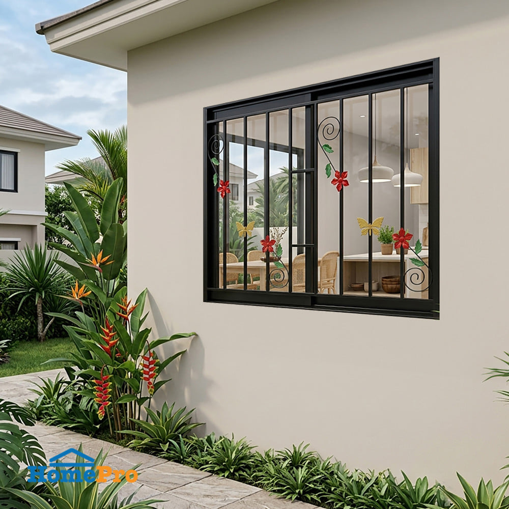 หน้าต่างบานเลื่อน อะลูมิเนียม S-S มุ้ง เหล็กดัด ลายผีเสื้อ&ดอกไม้ WINDOW ASIA 120x110 ซม. สีดำ