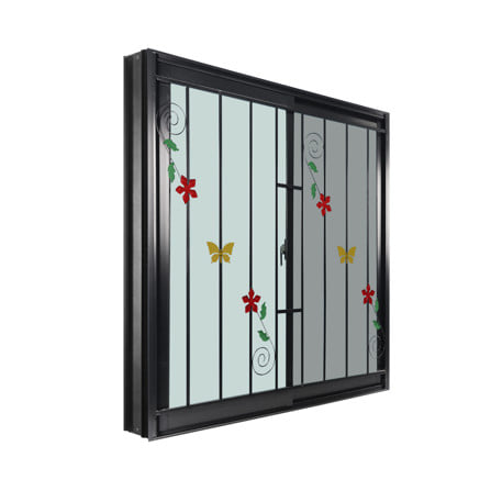 หน้าต่างบานเลื่อน อะลูมิเนียม S-S มุ้ง เหล็กดัด ลายผีเสื้อ&ดอกไม้ WINDOW ASIA 120x110 ซม. สีดำ_1