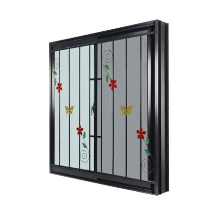 หน้าต่างบานเลื่อน อะลูมิเนียม S-S มุ้ง เหล็กดัด ลายผีเสื้อ&ดอกไม้ WINDOW ASIA 120x110 ซม. สีดำ_2