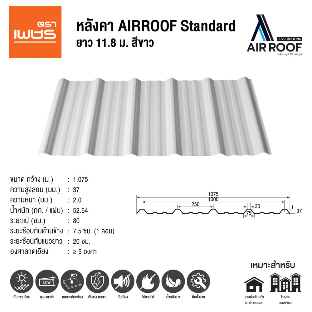 หลังคา AIRROOF STANDARD DIAMOND 1.075x11.8 เมตร สีขาว