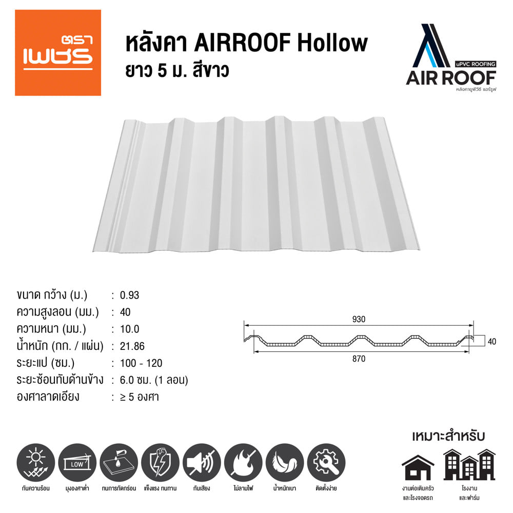 หลังคา AIRROOF HOLLOW STANDARD DIAMOND 0.93 x 5 เมตร สีขาว