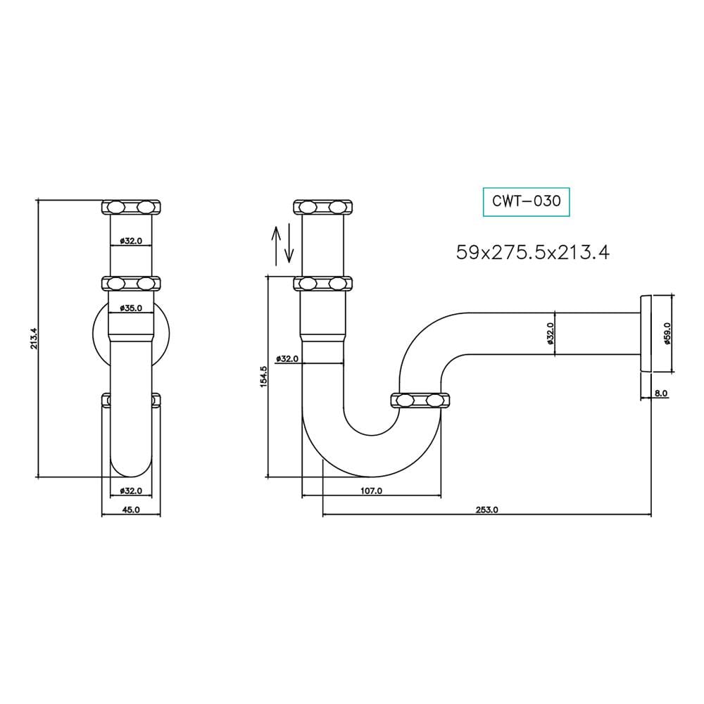 ท่อน้ำทิ้งอ่างล้างหน้าพีแทรป WS CWT-030 7 นิ้ว สเตนเลส