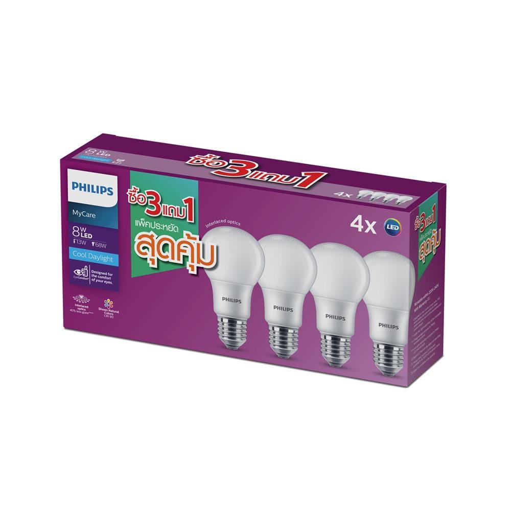 หลอด LED PHILIPS A60 8 วัตต์ DAYLIGHT E27 (แพ็ก 4 ชิ้น)