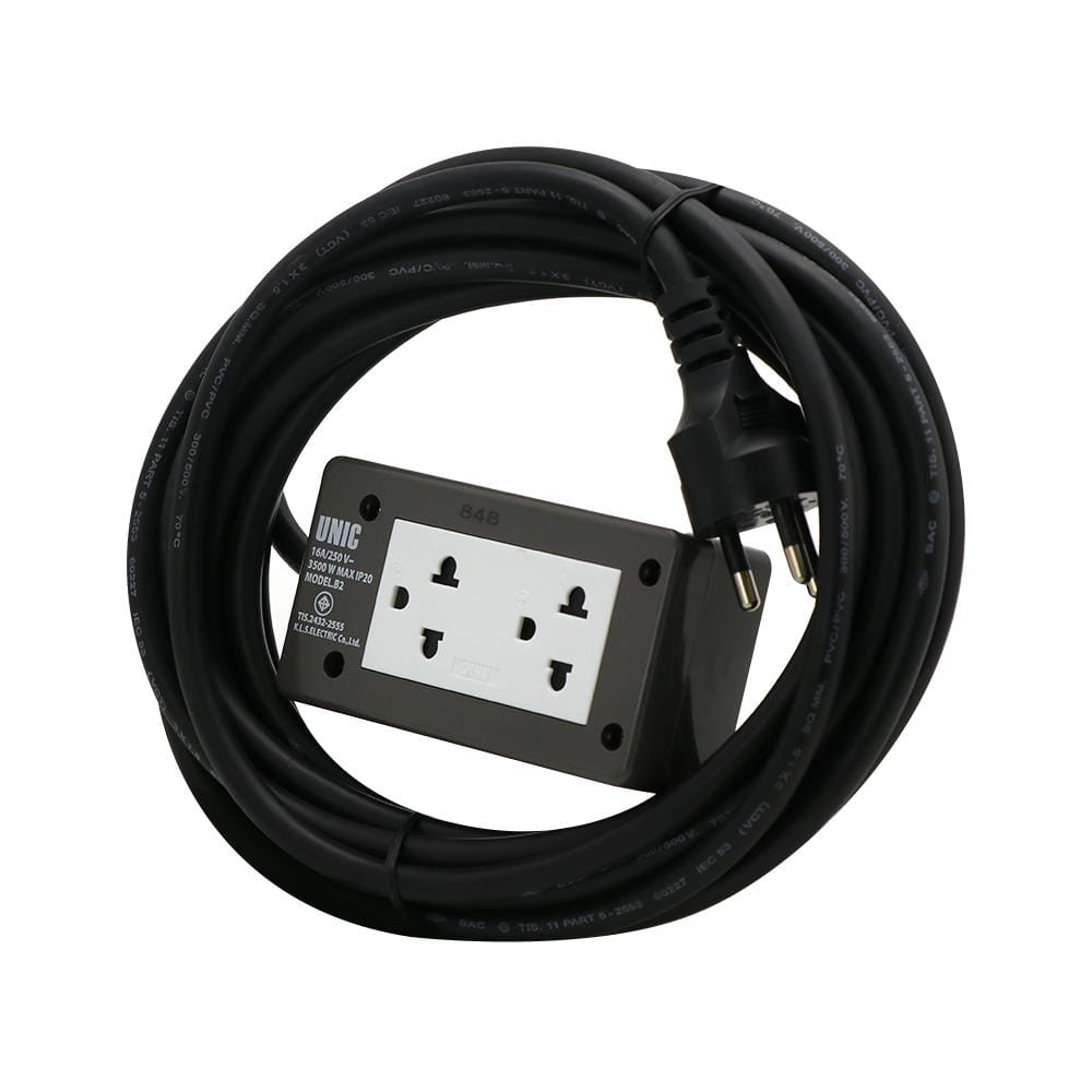 บล็อกยาง 2x4 พร้อมสาย VCT 3x1.5 2 ช่อง UNIC B2-2 5 เมตร สีเทา