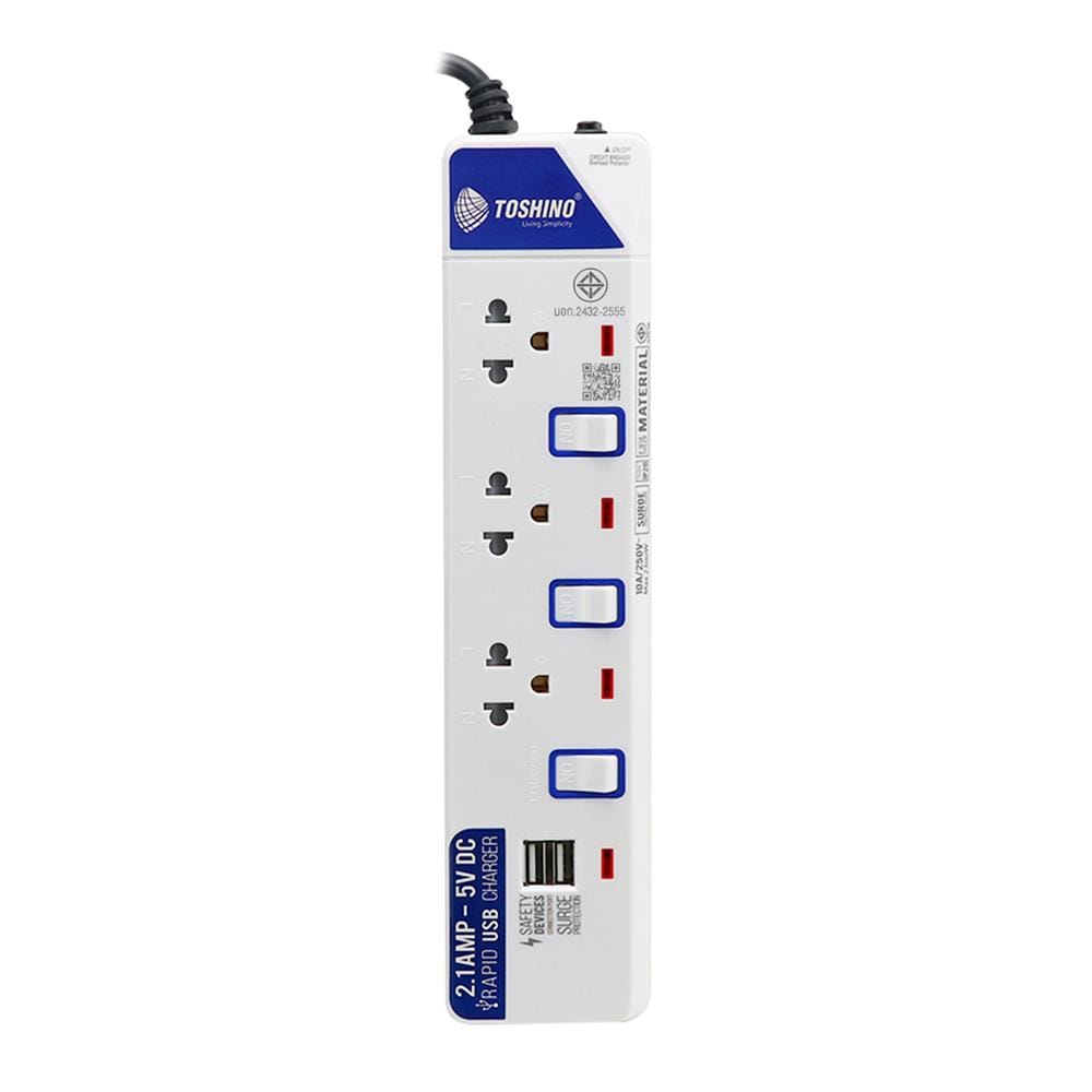 รางปลั๊กไฟ 3 ช่อง 3 สวิตซ์ 2 USB TOSHINO ET-913 3 ม.