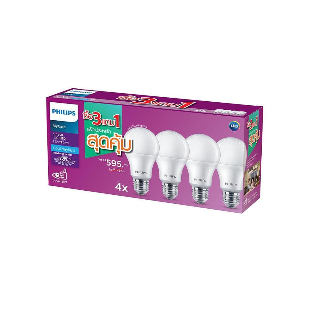 หลอด LED PHILIPS A60 12 วัตต์ DAYLIGHT E27 แพ็ก 4 ชิ้น