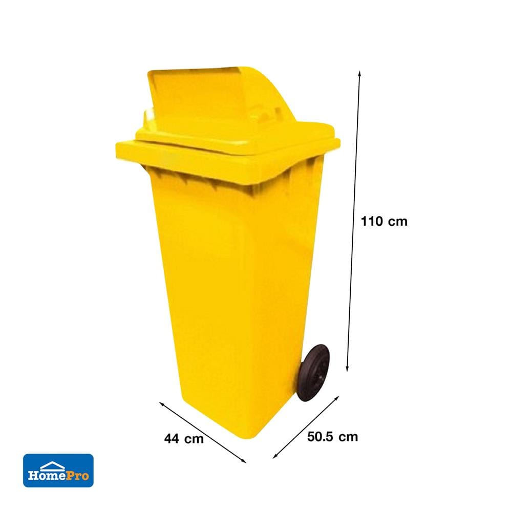 ถังขยะเหลี่ยม ฝาช่องทิ้ง มีล้อ ACCO 120L สีเหลือง