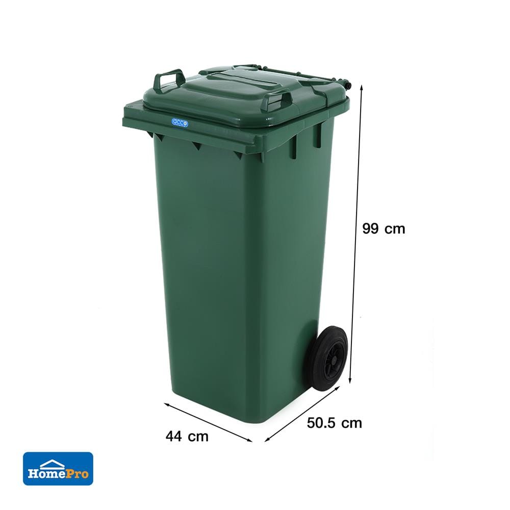 ถังขยะเหลี่ยม ฝาเปิด-ปิด มีล้อ ACCO 120L สีเขียว