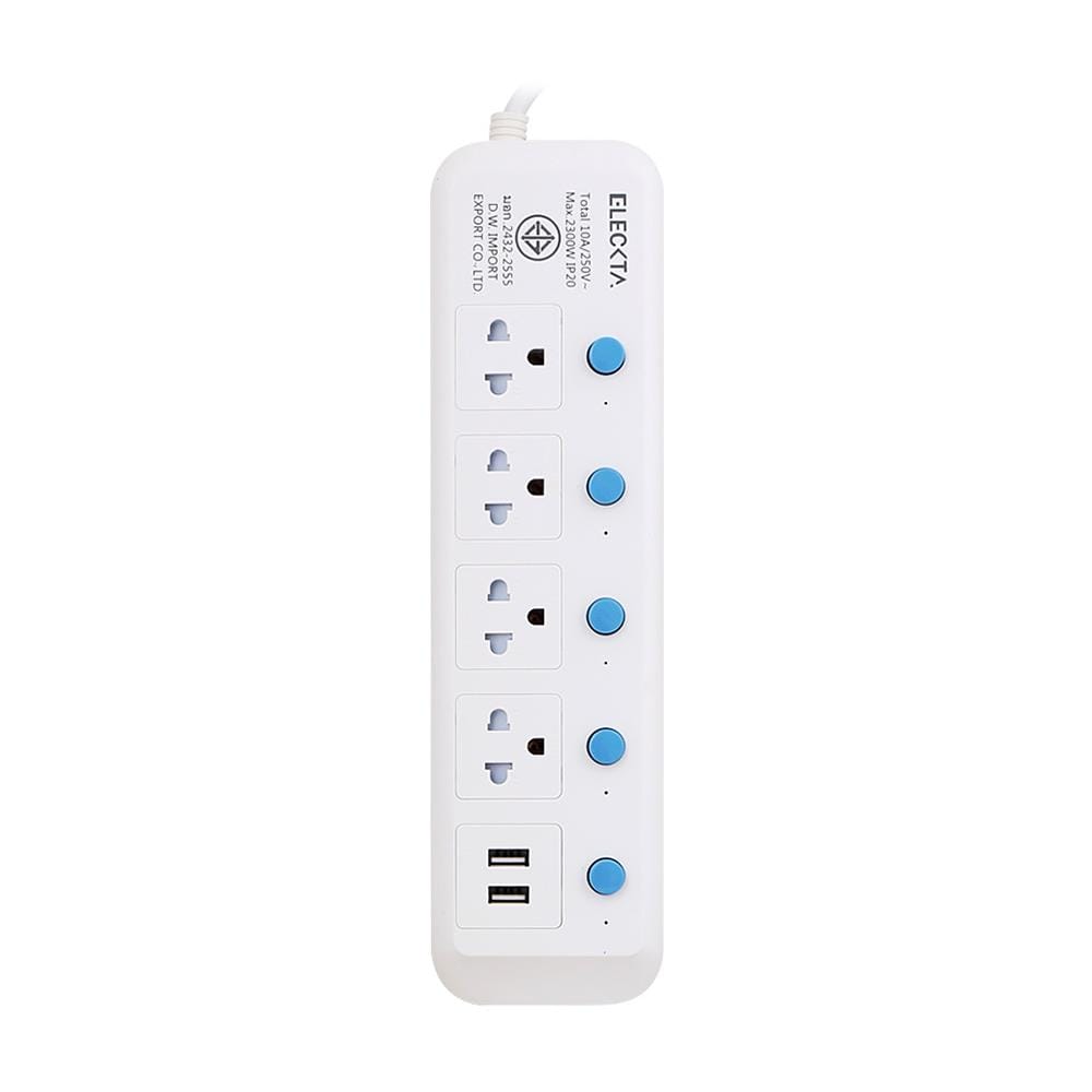 รางปลั๊กไฟ 4 ช่อง 5 สวิตช์ 2 USB ELECKTA 815UELEK 5 ม.