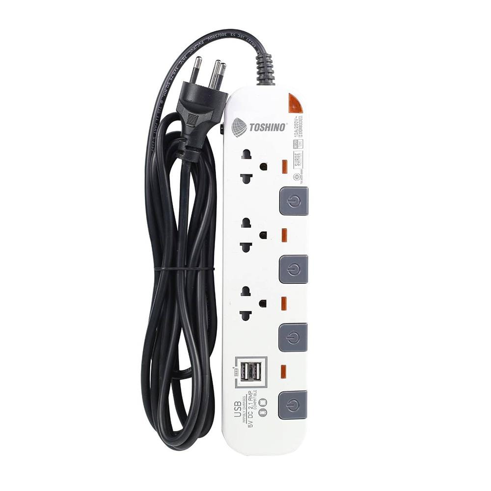 รางปลั๊กไฟ 3 ช่อง 4 สวิตซ์ 2 USB TOSHINO P3375USB WG 5 ม. สีขาว-เทา