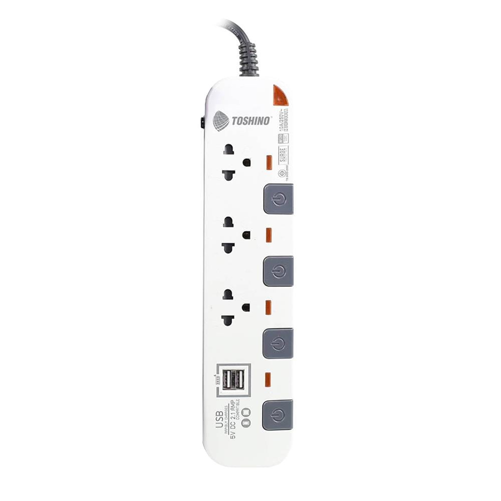 รางปลั๊กไฟ 3 ช่อง 4 สวิตซ์ 2 USB TOSHINO P3375USB WG 3 ม.