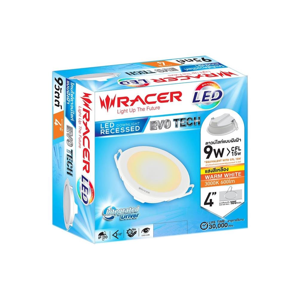 ดาวน์ไลท์ LED RACER EVO TECH 4 นิ้ว 9 วัตต์ WARM WHITE สีขาว