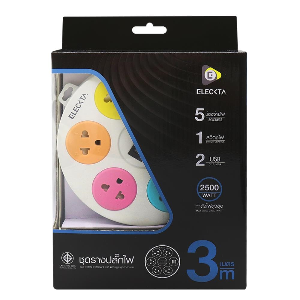 รางปลั๊กไฟ 5ช่อง 1สวิตซ์ 2USB ELECKTA RD-5121 3 ม.