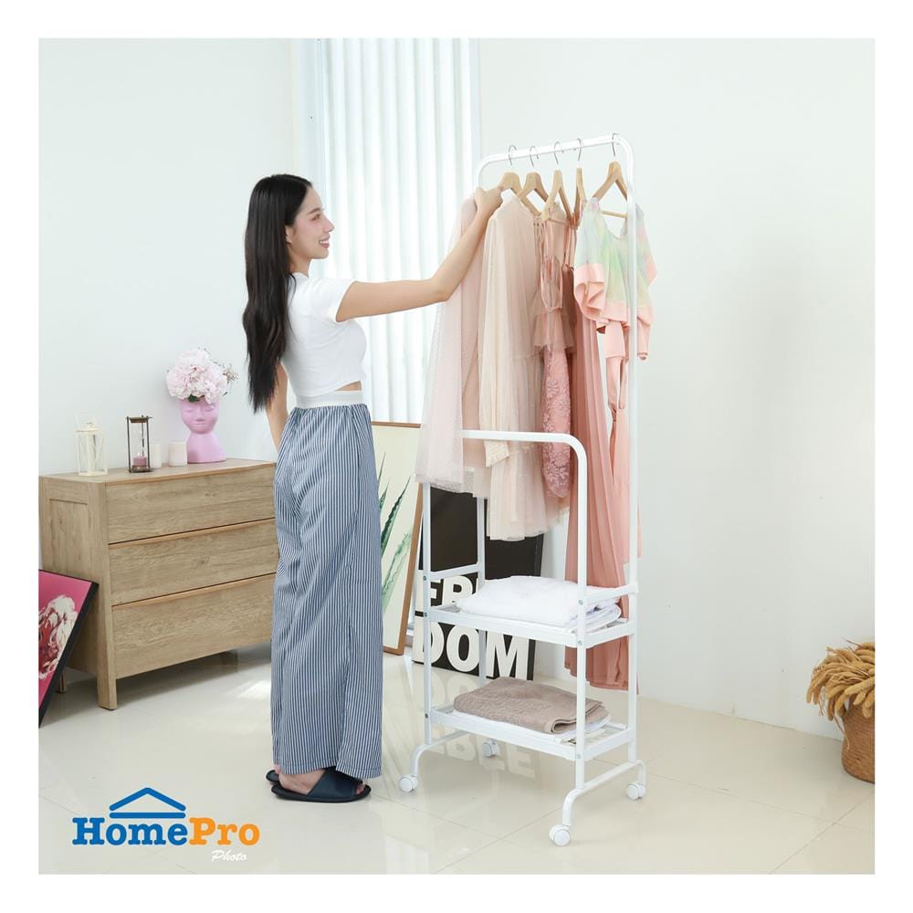 ราวแขวนผ้าพร้อมชั้นวางของ 2 ชั้น PLIM สีขาว