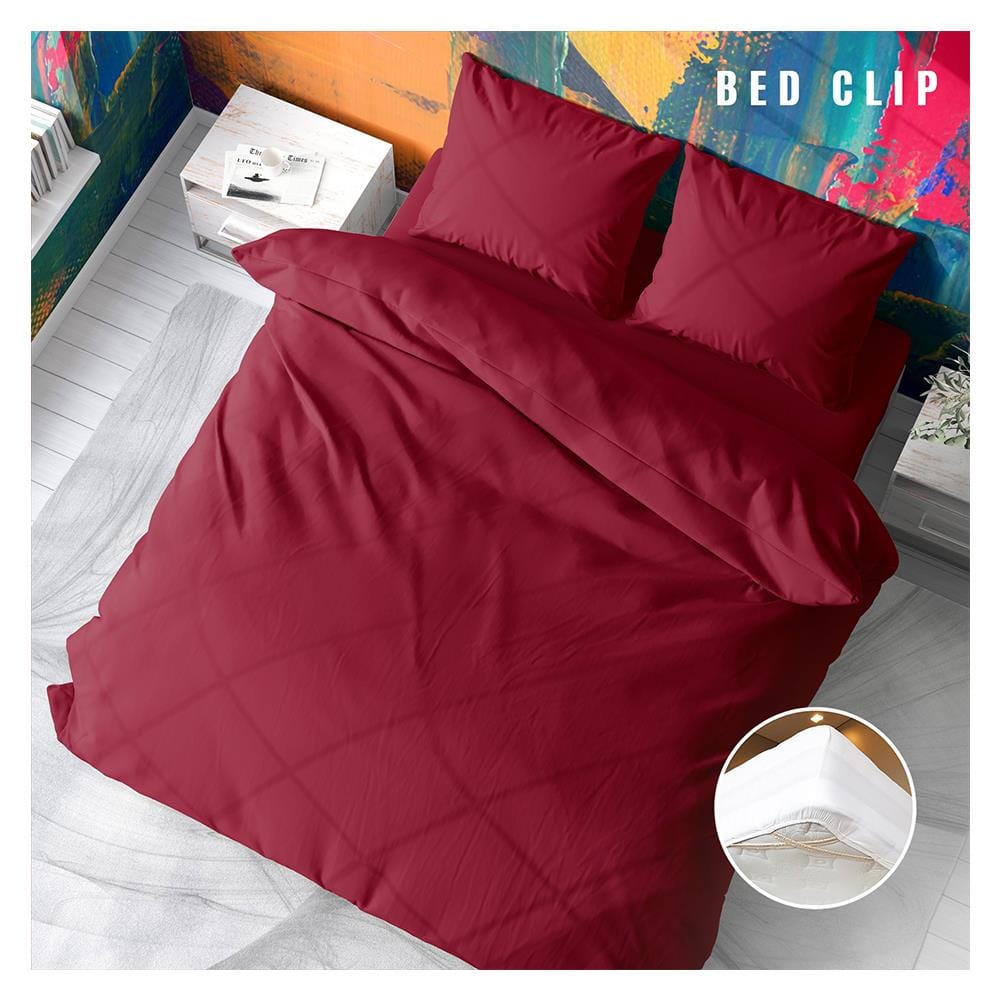 ชุดผ้าปูที่นอน 6 ฟุต 3 ชิ้น BED CLIP MICROTEX สีแดงอมชมพู