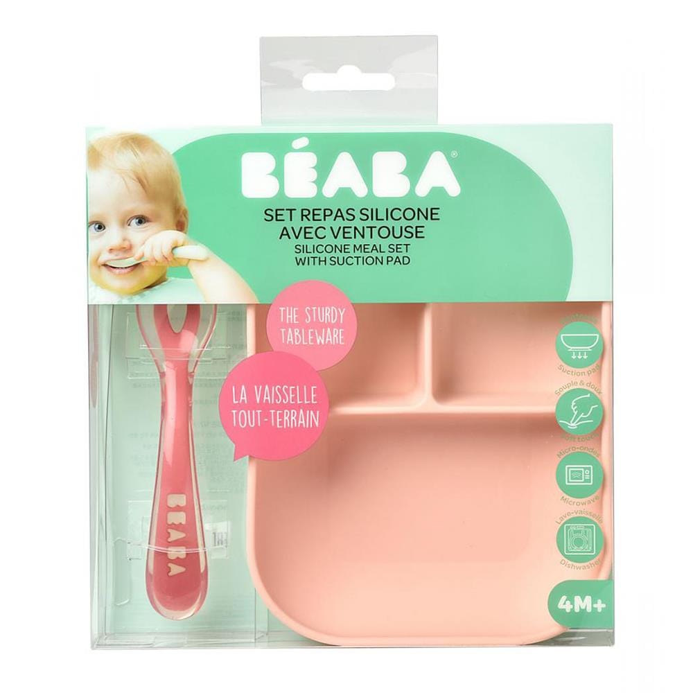 ชุดจานเด็กซิลิโคน 3 ช่อง BEABA สีชมพู 2ชิ้น/ชุด