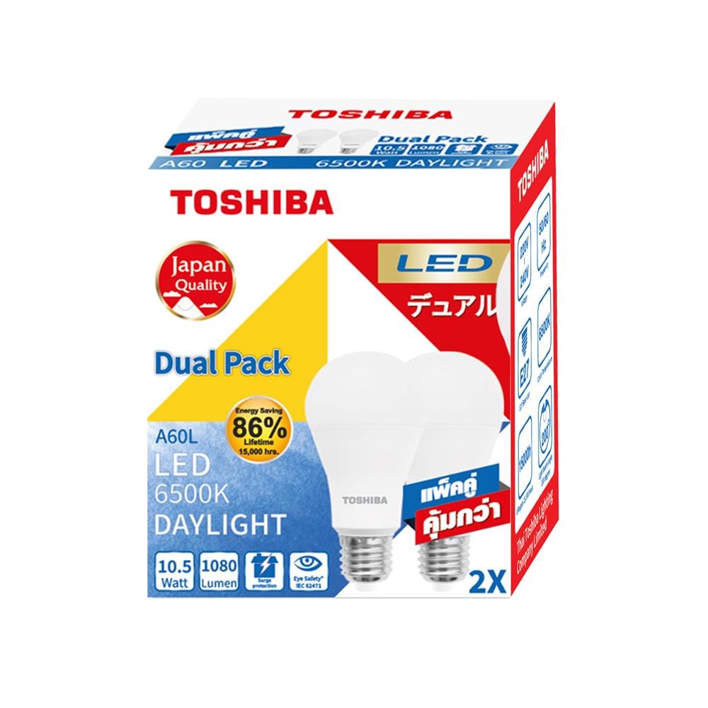 หลอด LED TOSHIBA A60 10.5 วัตต์ DAYLIGHT E27 แพ็ก 2 ชิ้น