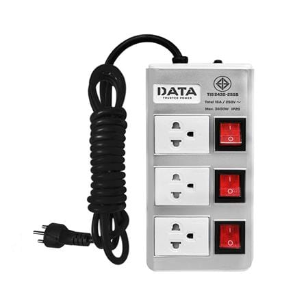รางปลั๊กไฟ 3ช่อง 3สวิตช์ DATA HMDW3656 16 แอมป์ 3 ม. สีเงิน
