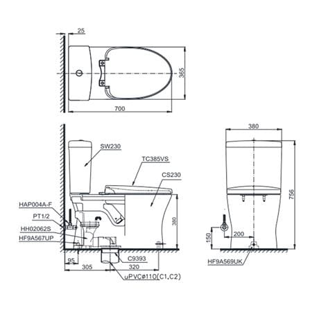 สุขภัณฑ์ 2 ชิ้น TOTO CST230 4.8/3 ลิตร สีขาว_1