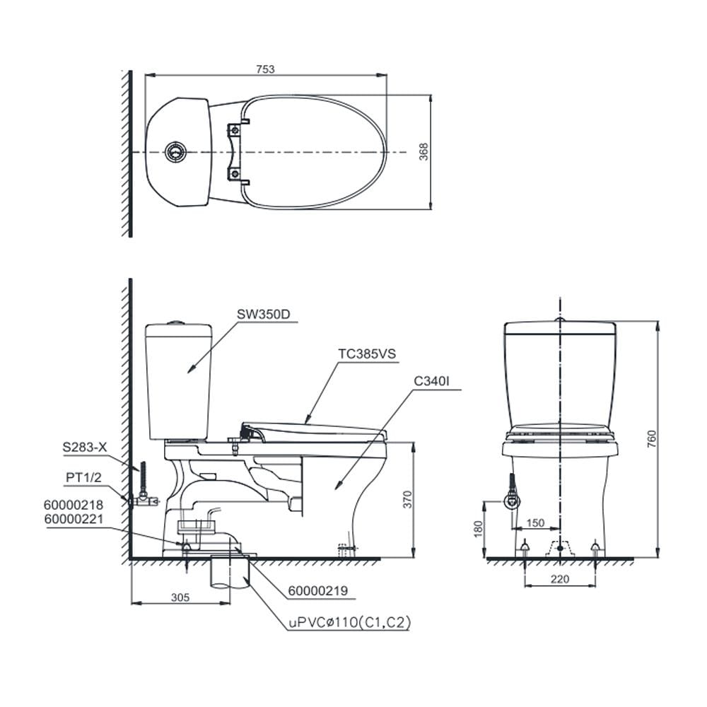 สุขภัณฑ์ 2 ชิ้น TOTO CST340R 4.8/3 ลิตร สีขาว