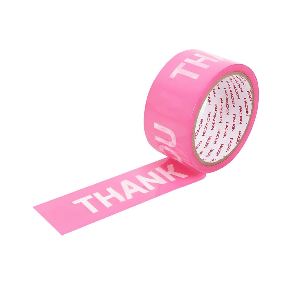 เทป OPP PACK IN พิมพ์ THANKYOU 2 นิ้ว X 45 หลา สีชมพูอักษรขาว 6 ม้วน/แพ็ค